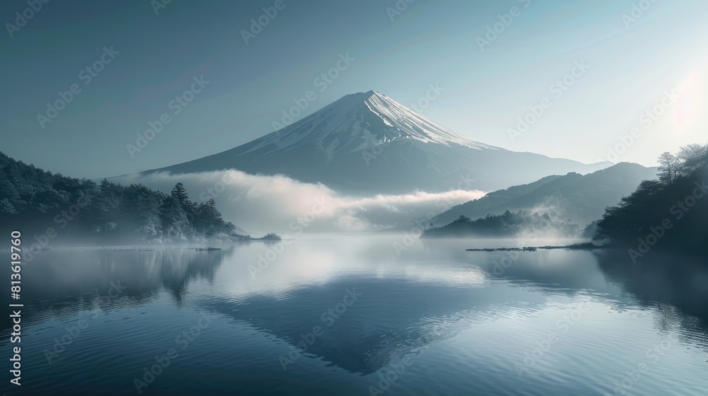 Fototapeta premium Mirror reflection of Mount Fuji at sunrise at Yamanaka lake, famous tourist attraction in Japan, Fujiyama at dawn reflected in a lake