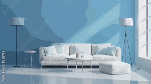 Cozy white sofa table and ottoman near blue wall Vector