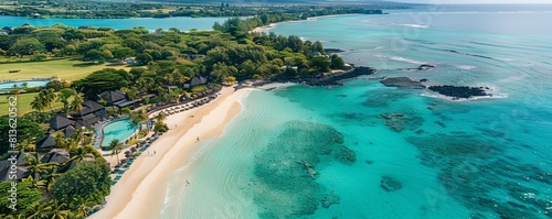 Aerial drone view of 5 star resort Shangri - La Le Touessrok with sandy beach, white villas and pool, Ilot Lievres, Flacq, Mauritius. photo