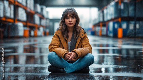 Reflective young woman in yellow jacket sits alone on wet ground, industrial setting, job layoff concept photo
