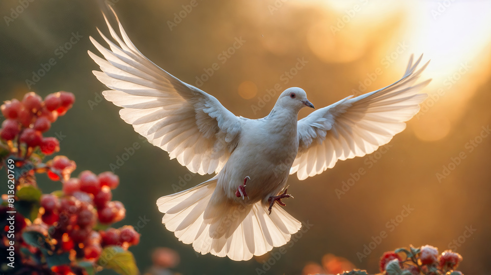 White Dove in Flight Against a Golden Sunrise, Symbolizing Peace and Freedom Amidst Blooming Flowers White Dove in Flight Against a Golden Sunrise, Symbolizing Peace and Freedom Amidst Blooming Flowers
