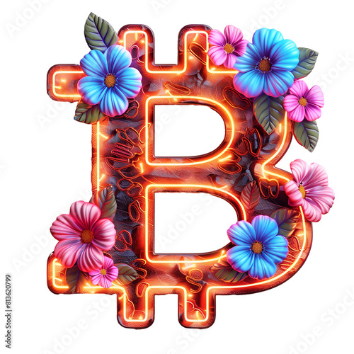 sign of crypto currency with bitcoin symbol on white background with flowers. Bitcoin Coin. Bitcoin cryptocurrency. Btc currency money sign or symbol business and financial exchange.