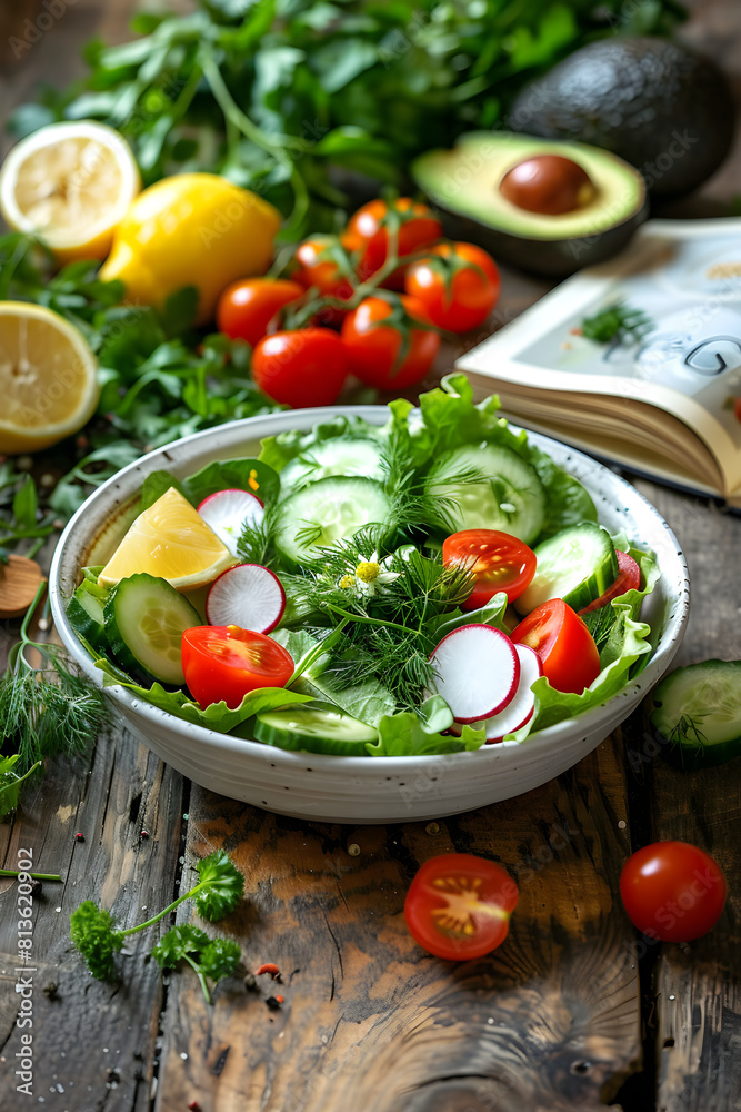 Burst of Colors: Fresh and Healthy Vegetarian Salad Recipe Displayed on a Rustic Wooden Setting