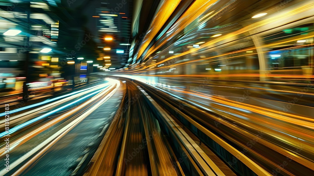 motion and speed in lines of a train passing by a blurry building and a tall building, with a blue sign in the foreground motion and speed in lines of a train passing by a blurry building and a tall building, with a blue sign in the foreground