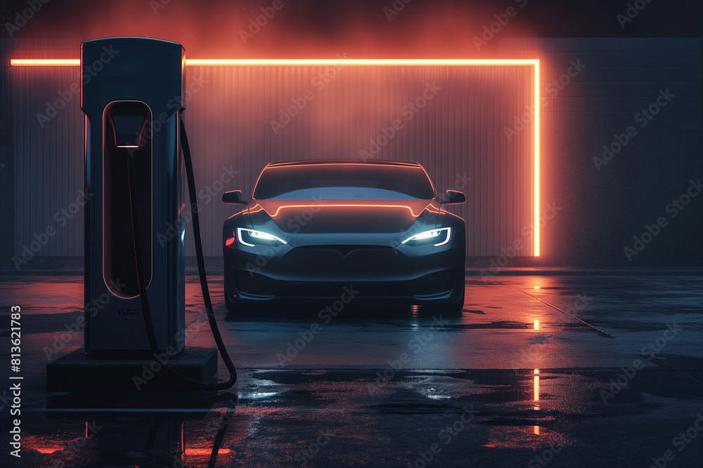 eco-friendly electric car charging at night with colorful nice lights, generative AI