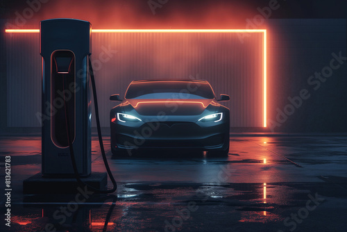 Obraz na płótnie eco-friendly electric car charging at night with colorful nice lights, generative AI w salonie