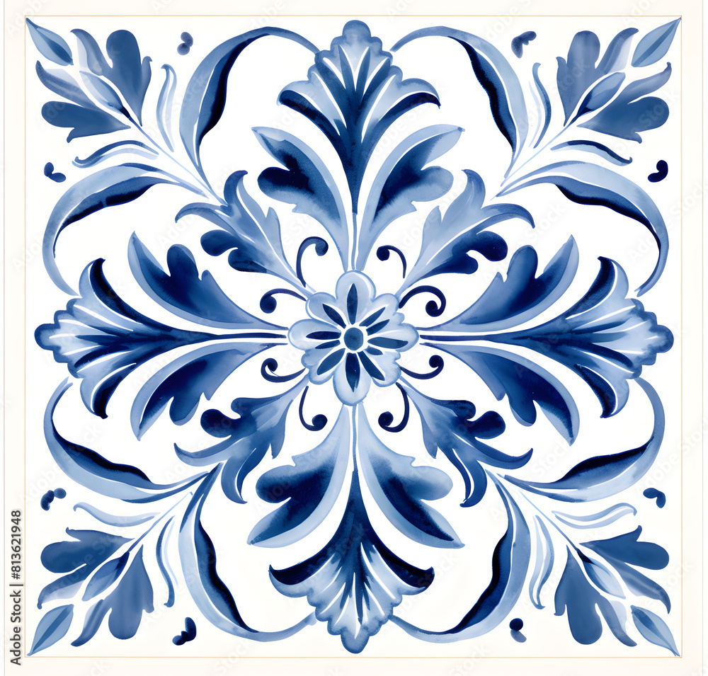 Fototapeta premium Rustic blue tile watercolor seamless pattern. Pattern of azulejos tiles