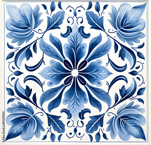 Rustic blue tile watercolor seamless pattern. Pattern of azulejos tiles