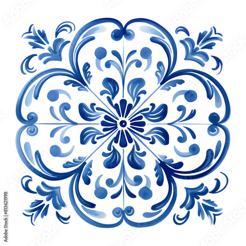 Rustic blue tile watercolor seamless pattern. Pattern of azulejos tiles