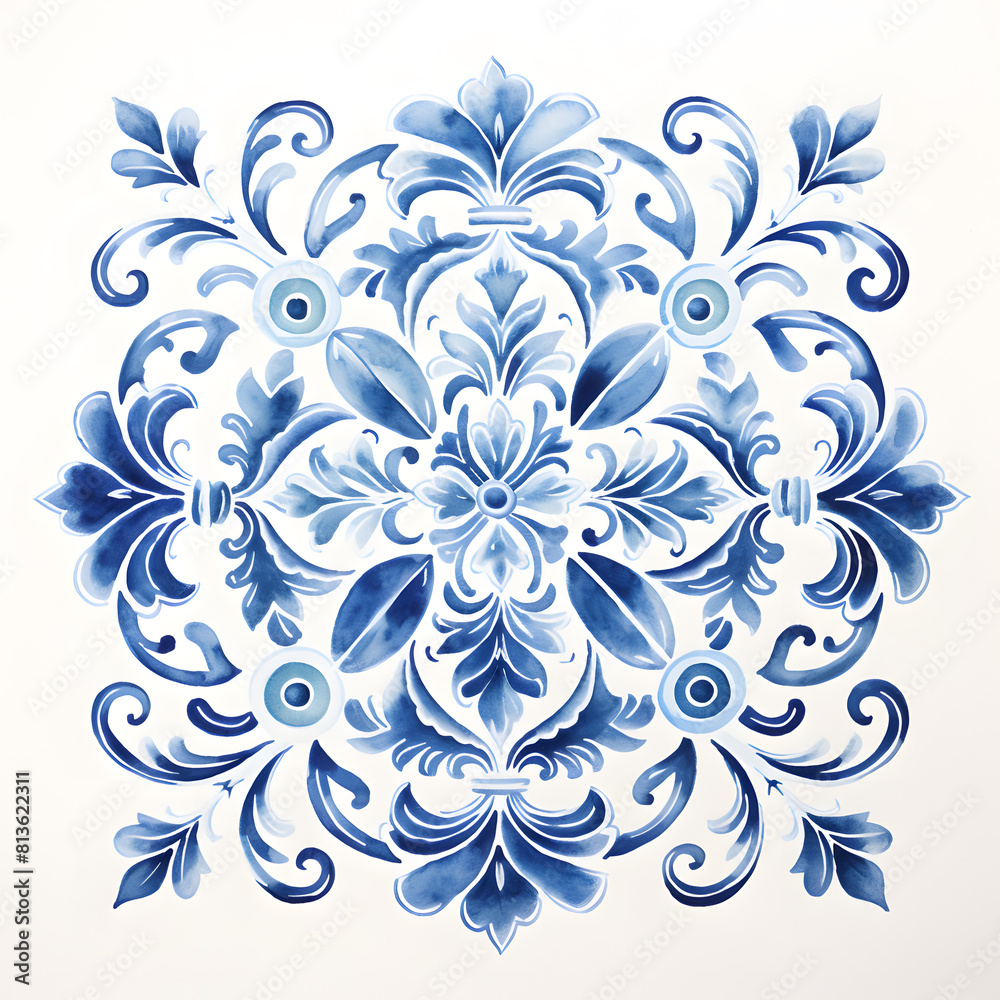 Fototapeta premium Rustic blue tile watercolor seamless pattern. Pattern of azulejos tiles
