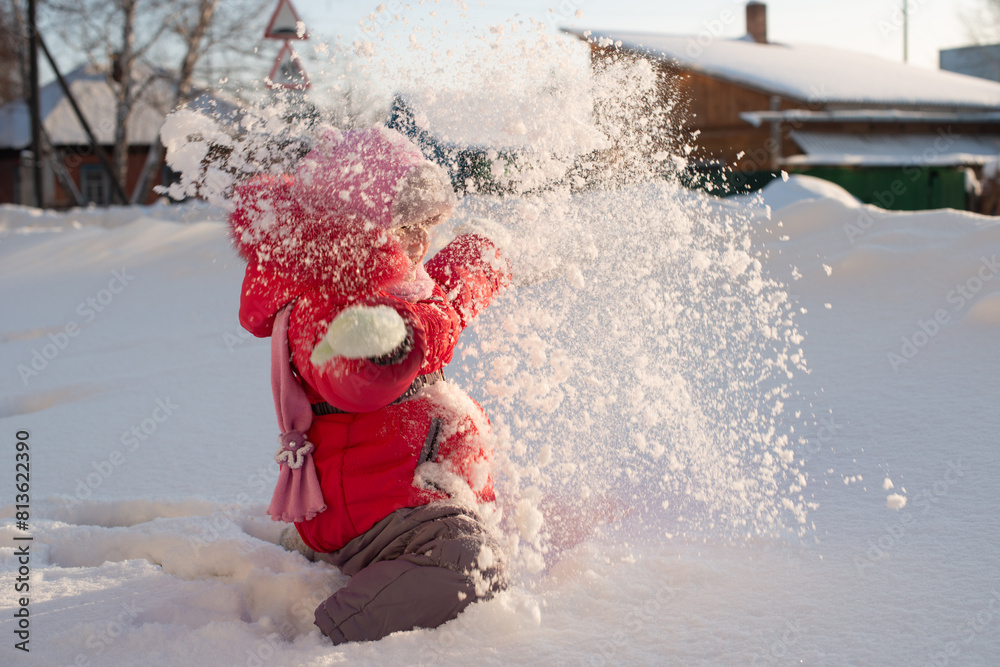 girl playing in the snow, winter fun, winter clothes, baby in winter, children, child playing with snow girl playing in the snow, winter fun, winter clothes, baby in winter, children, child playing with snow