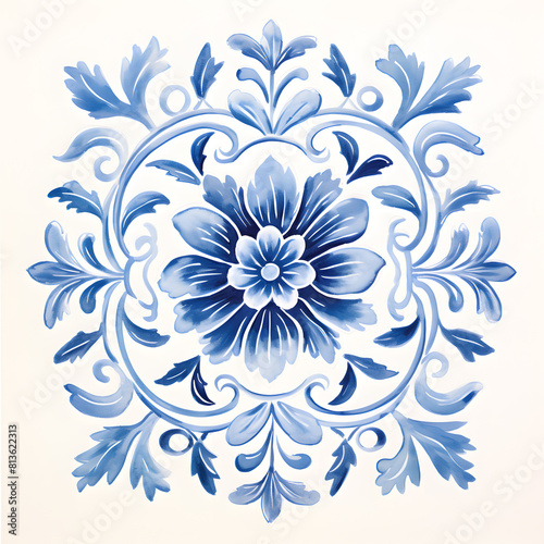 Rustic blue tile watercolor seamless pattern. Pattern of azulejos tiles