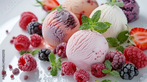 A bowl of mixed berry ice cream. The bowl is made of metal and is sitting on a table. There are also berries scattered on the table.