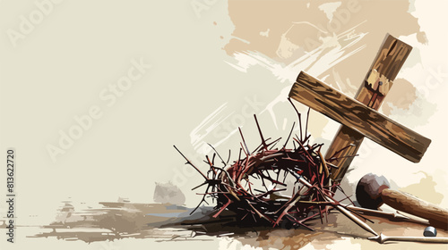 Crown of thorns wooden cross nails and mallet on ligh photo