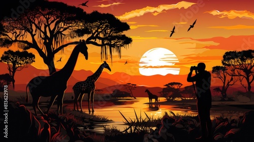 Photography safari photo realistic illustration - Generative AI. Savannah  giraffe  photographer  sunset.