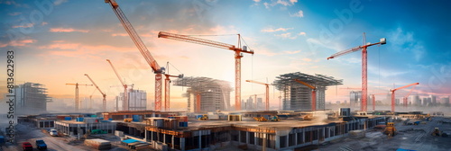 Construction of apartment building cranes above unfinished multistorey panel building , Generative AI photo