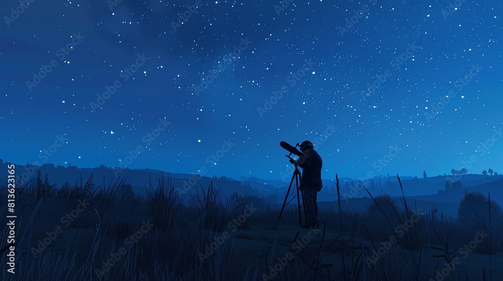 Fototapeta premium The image is a beautiful landscape of a man looking at the stars through a telescope. The night sky is clear and full of stars.