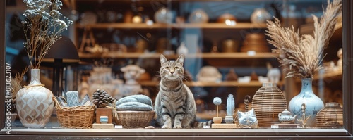 A cute cat is sitting in aTao Qi Dian window. The cat is looking at the camera. There are many vases and other ceramic objects in the window.