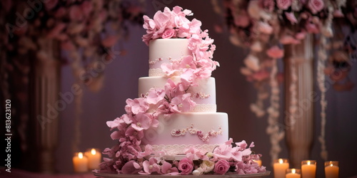 luxurious wedding cake decorated with flowers and paintings. Generative AI