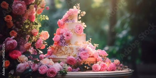 luxurious wedding cake decorated with flowers and paintings. Generative AI