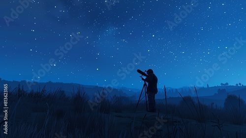 The image is a beautiful landscape of a man looking at the stars through a telescope. The night sky is clear and full of stars.
