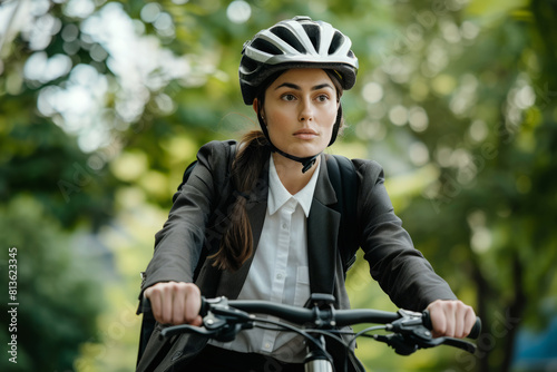 Professional woman dressed in business attire and helmet is commuting to work on her bicycle through a city street © Lazy_Bear