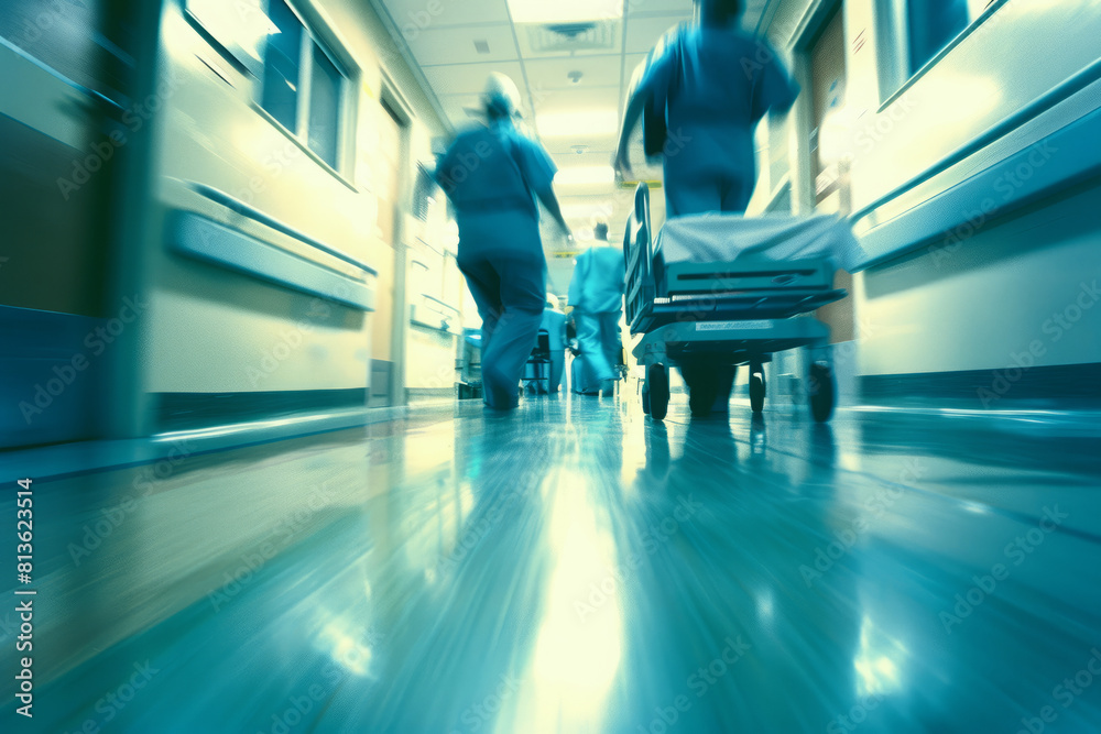Rushed medical staff reacting to an emergency in hospital corridor. Busy hallway in medical clinic with motion blur effect