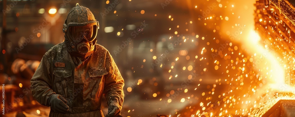 Steelworker wearing protective gear works in a steel mill. Steelworker wearing protective gear works in a steel mill.