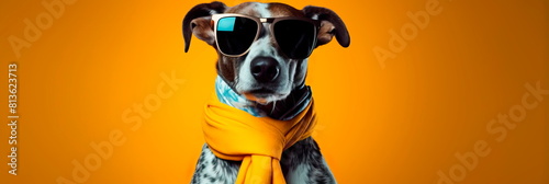 dog wearing a jacket with black sunglasses and striking . Generative AI