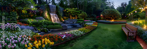 Twilight Enchantment: An Exquisite Garden by the Waterfall under the Evening Sky