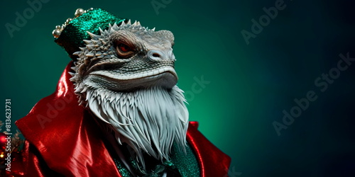Dragon wearing a santa claus costume and striking a pose against a colored background , Generative AI