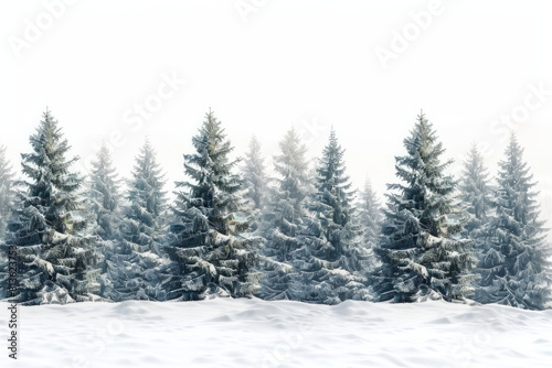 Capture the quiet beauty of a snow-covered evergreen forest, with tall trees standing tall against a backdrop of pristine white snow. The minimalist composition, with just the trees and snow. © grey