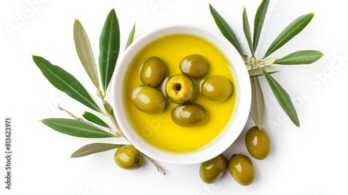 Deliciously Fresh  A Tempting Bowl of Olive Oil and Green Olives with Leaves  Captured from Above  1
