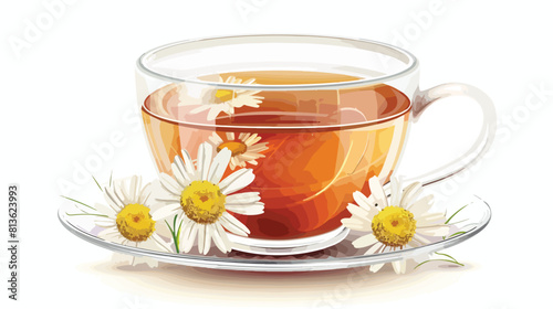 Cup of tasty chamomile tea on white backgroundd Vector