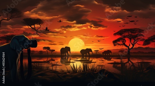Photography safari photo realistic illustration - Generative AI. Savannah, giraffe, photographer, sunset.