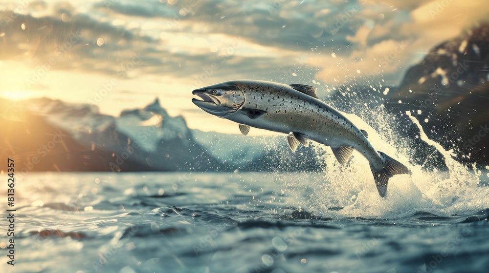 Obraz premium Salmon leaping out of the water Its powerful muscles propelled it into the air.