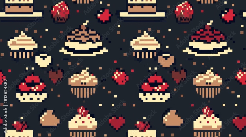 Pixel art seamless pattern of donuts, cakes, and cupcakes.