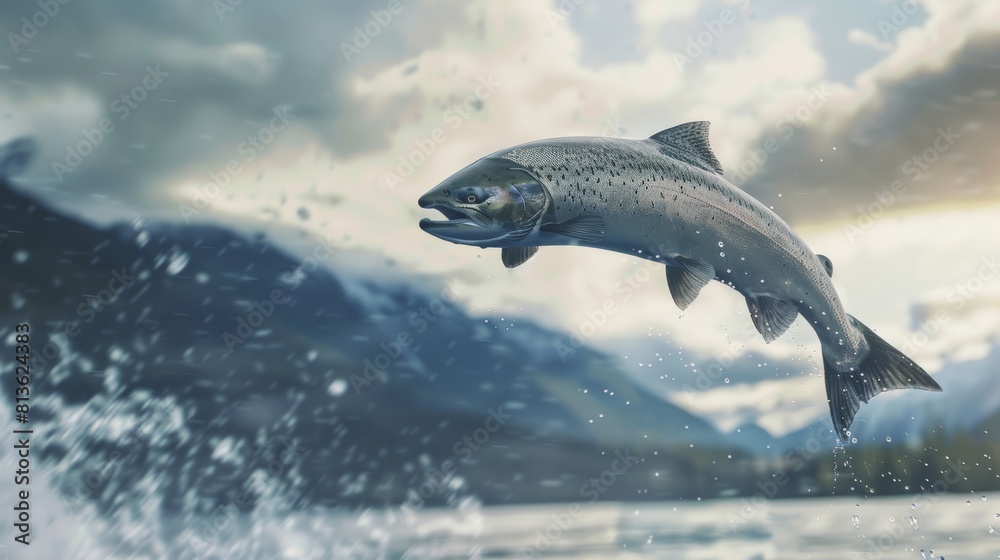 Obraz premium Salmon leaping out of the water Its powerful muscles propelled it into the air.