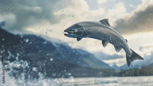 Salmon leaping out of the water Its powerful muscles propelled it into the air.