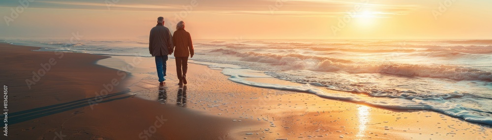 A couple walking on the beach, holding hands. The sun is setting, and the sky is a warm, orange color. The waves are A couple walking on the beach, holding hands. The sun is setting, and the sky is a warm, orange color. The waves are