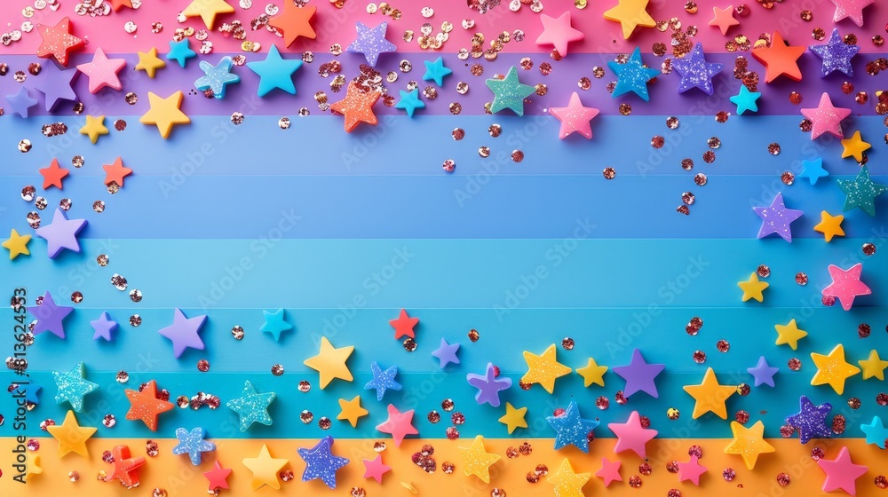 A pride card with bold rainbow stripes across the bottom and a decorative border of glitter and stars framing a clear writing space. A pride card with bold rainbow stripes across the bottom and a decorative border of glitter and stars framing a clear writing space.