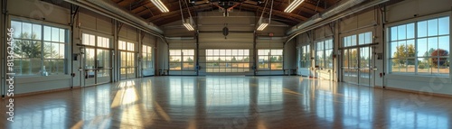 A large  empty room with a polished concrete floor and large windows. The room is lit by natural light.