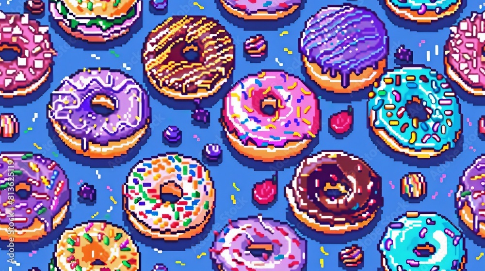 Pixel art seamless pattern of donuts, cakes, and cupcakes. Pixel art seamless pattern of donuts, cakes, and cupcakes.