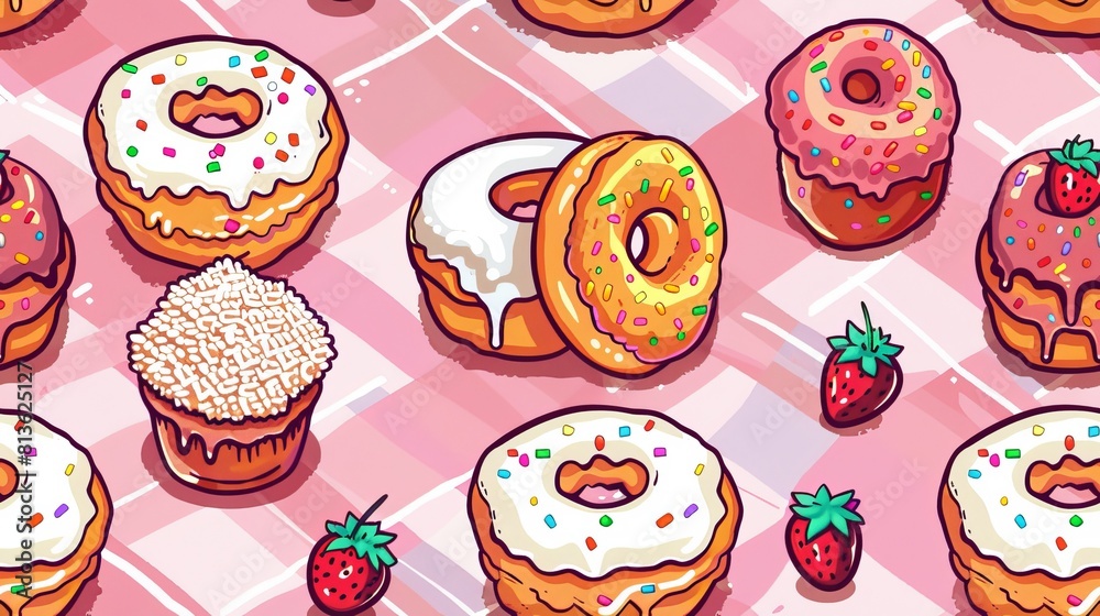Pixel art seamless pattern of donuts, cakes, and cupcakes.
