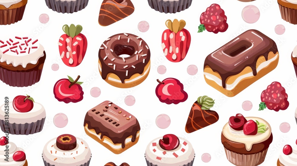 Pixel art seamless pattern of donuts, cakes, and cupcakes. Pixel art seamless pattern of donuts, cakes, and cupcakes.