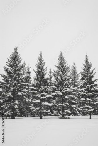 Capture the quiet beauty of a snow-covered evergreen forest, with tall trees standing tall against a backdrop of pristine white snow. The minimalist composition, with just the trees and snow. © grey