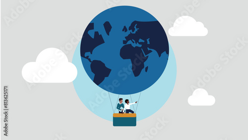 afro-amerikanischer herkunft, ein heißluftballon in form einer weltkugel. dieser symbolisiert die entwicklung unseres planeten durch positives menschliches verhalten