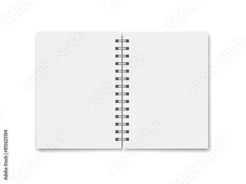 Realistic open blank notebook with spiral, template stationery notebook office.