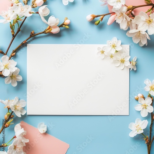 Mockup blank greeting card, colorful background, white flowers