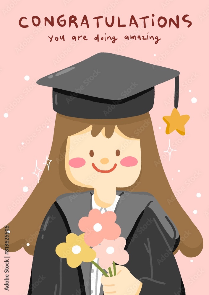 cute girl graduate with flower on congratulations card, illustration card cute girl graduate with flower on congratulations card, illustration card